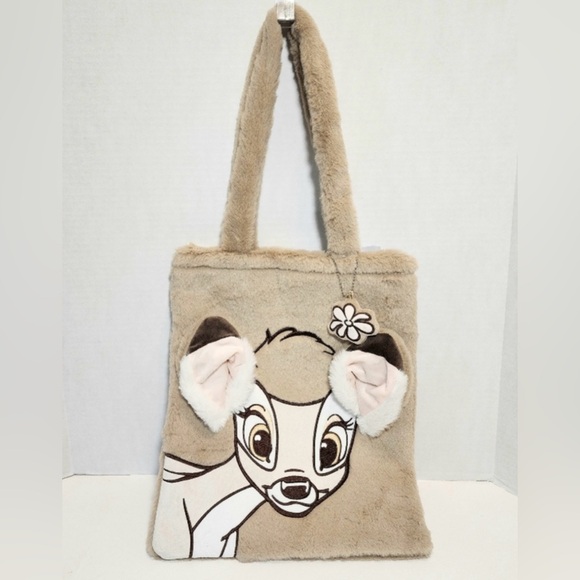 Disney Handbags - Disney Parks Bag Tote Fuzzy Bambi Print With Magnetic Clasp & Flower Charm NWT